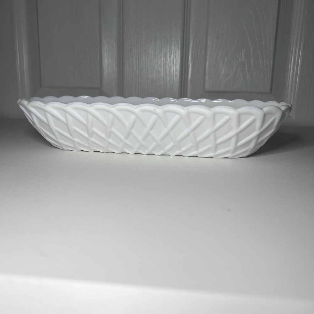 Vintage Indiana Glass Pretzel Pattern Milk Glass Dish Scalloped Rim Oblong 10.25
